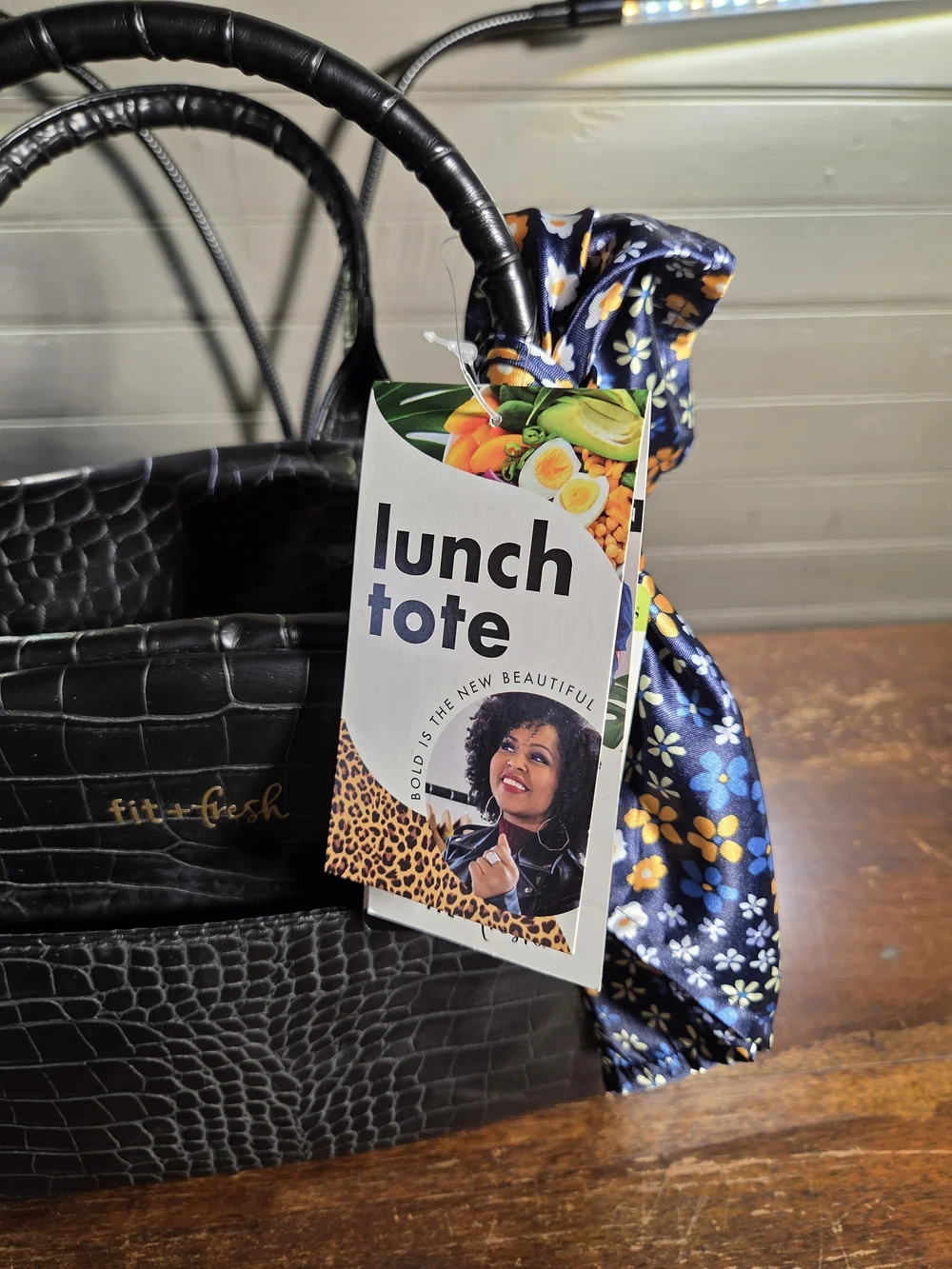 Black Croc-Embossed Women’s Lunch Bag with Blue Floral Scarf